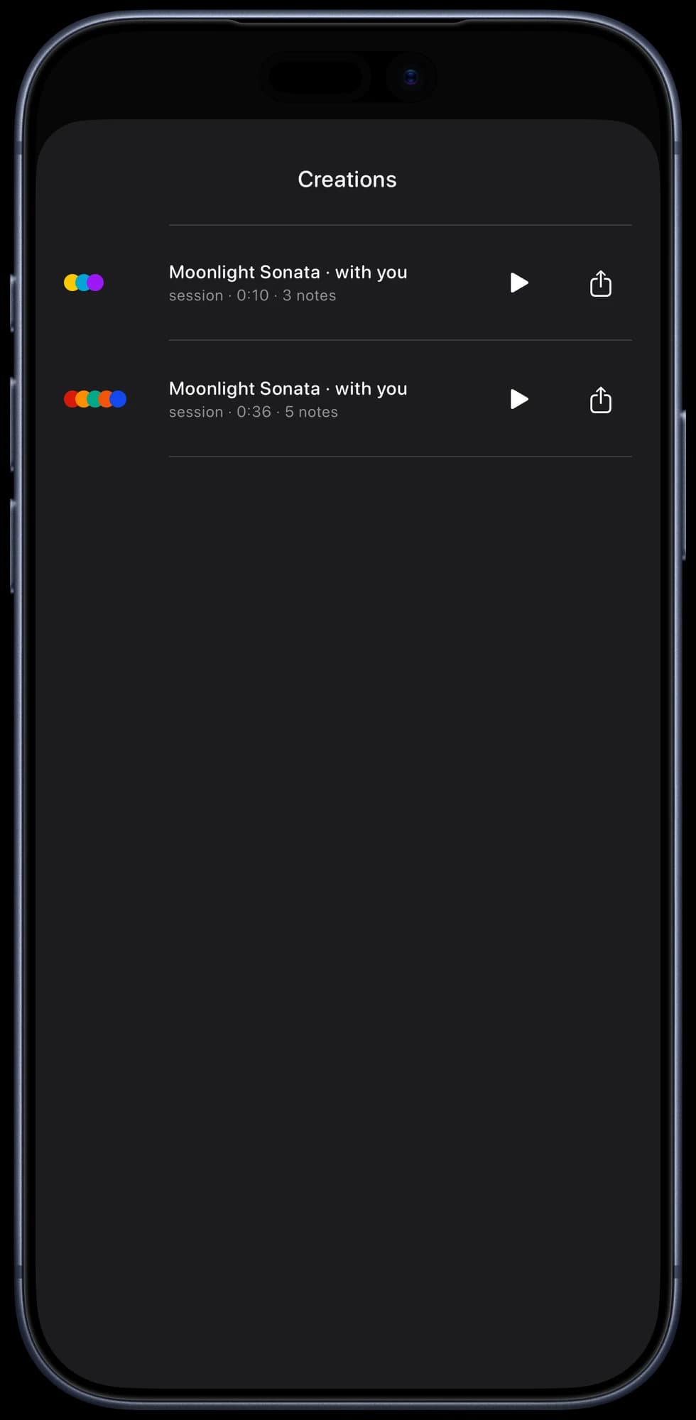 The Creations list in Charms: two saved sessions, each with its notes shown as coloured dots, a play button and a share button.
