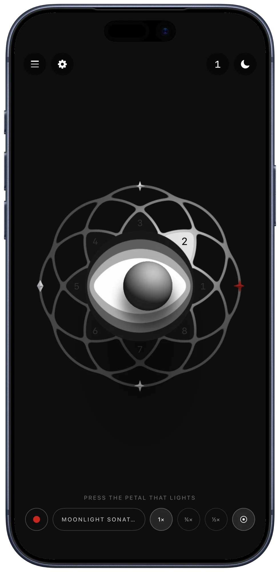 A lesson in Charms: the petal to press next is lit white with its number, 2, in black.