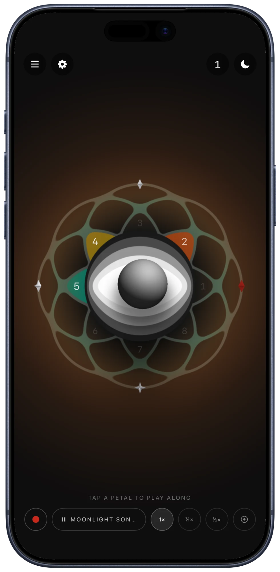 Charms playing Moonlight Sonata: three petals lit in orange, yellow and teal around the eye.